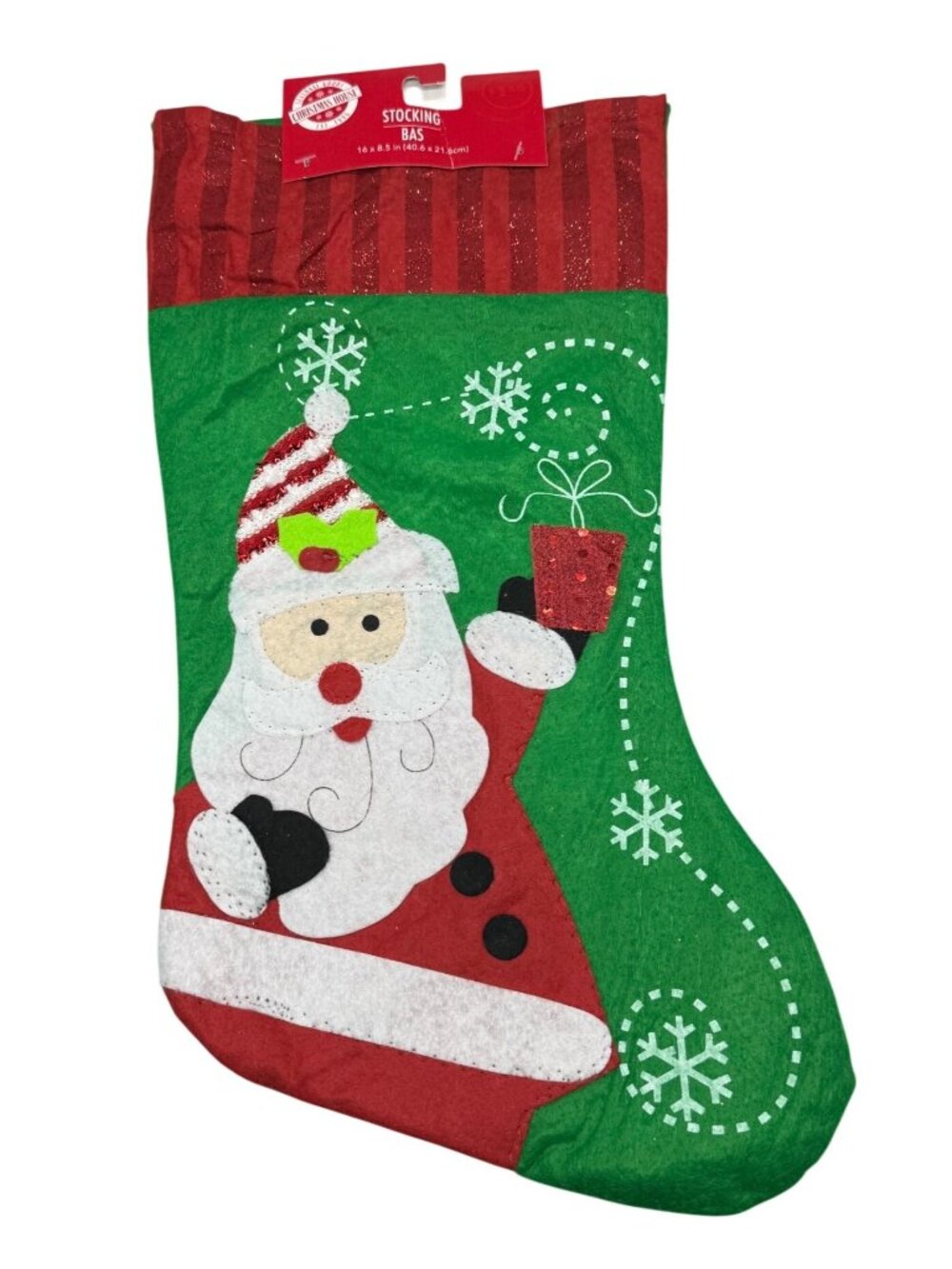 Christmas House Santa Claus Felt Stocking Snowflake Design Green Holiday Décor